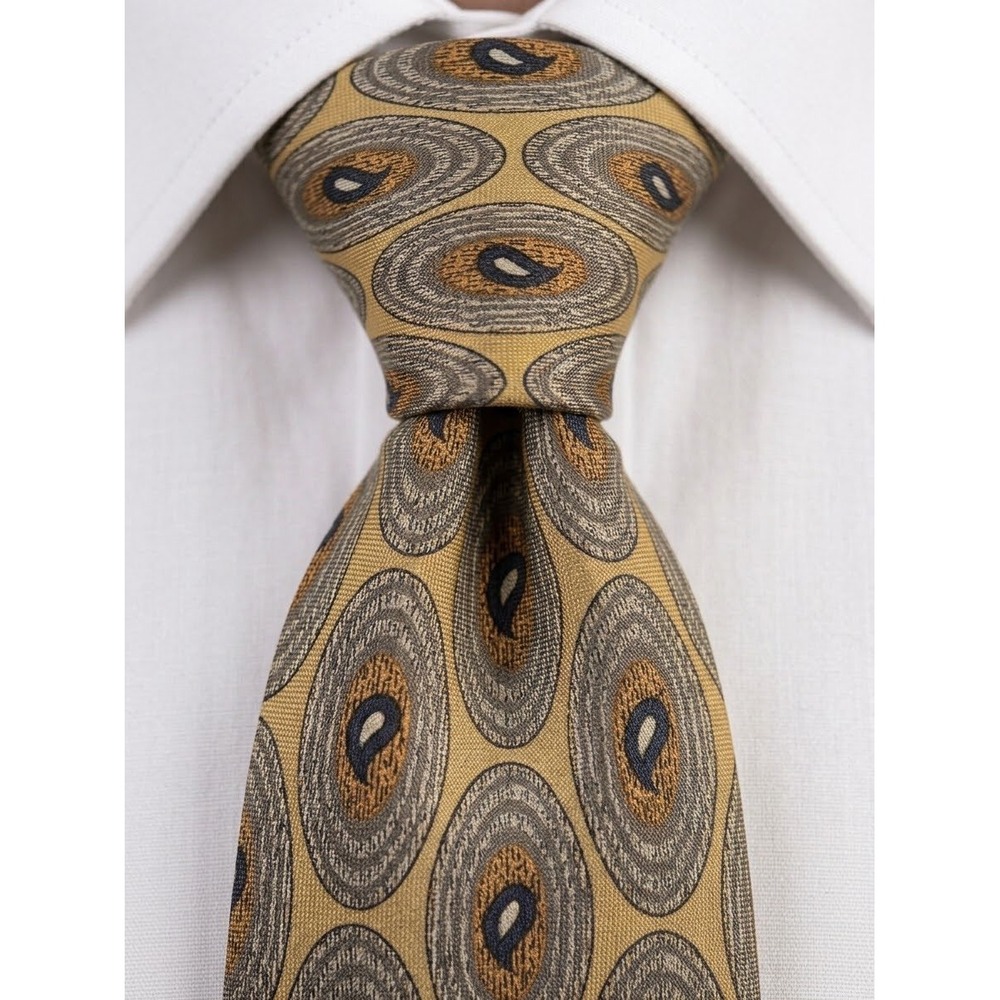 Countess Mara Mens Silk‎ Tie Gold Grey Blue Geometric Paisley Wide Necktie USA